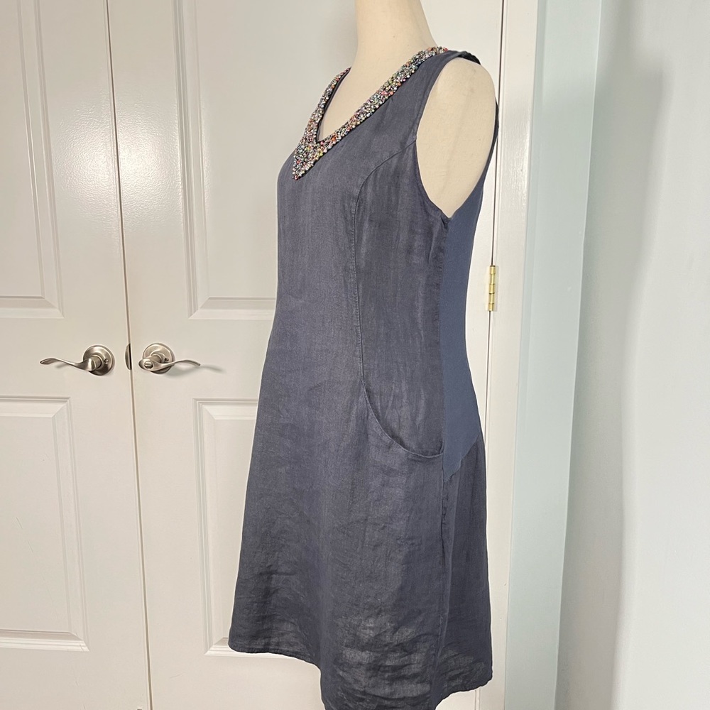 Lina Tomei 100% linen beaded neckline shirt dress size S - Picture 9 of 15